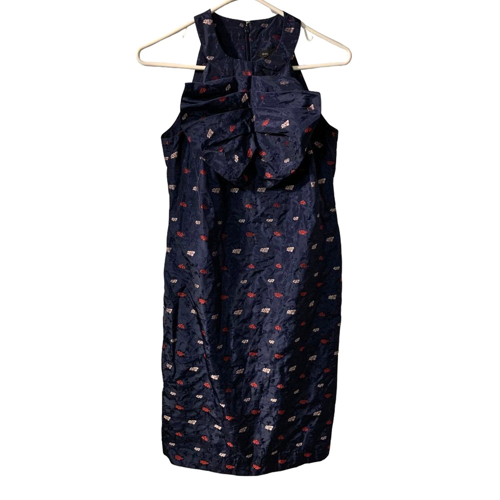 Banana Republic Women's Pleated Bow Shift Dress Size 0 NEW Navy Blue Jacquard